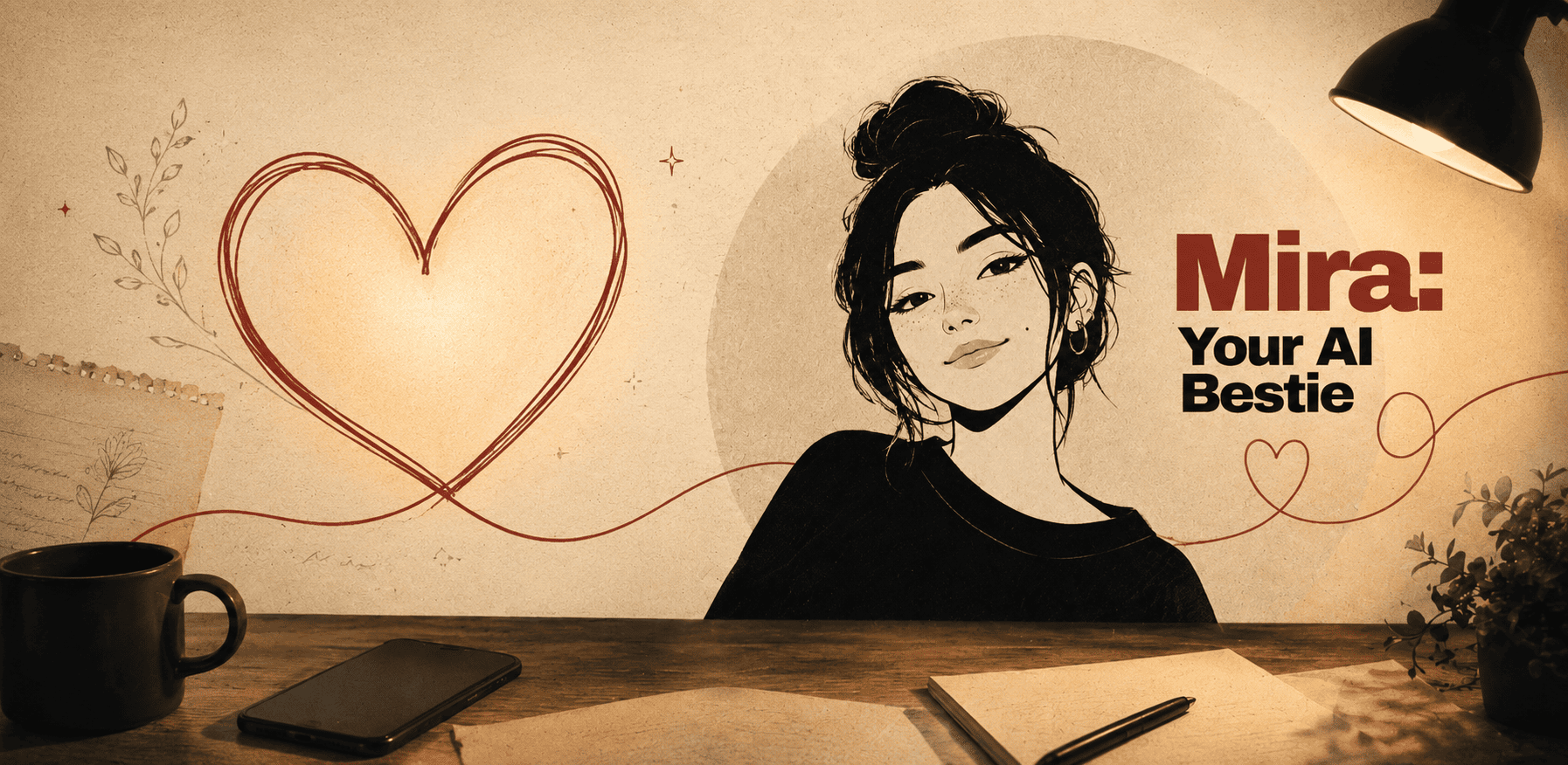 mira — illustrated portrait at a warm-lit desk with a hand-drawn red heart, a notebook, mug, phone and plant